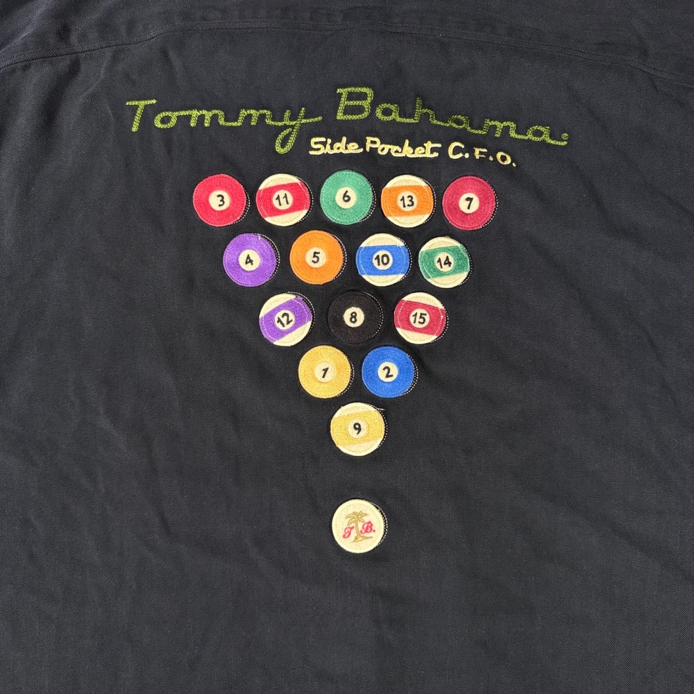 Tommy Bahama Silk Shirt Mens M Black Billiards Pool Side Pocket CFO Embroidered
